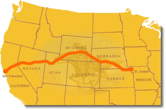 Pony-Express Strecke von Saint Joseph Missouri, bis Sacramento, Kalifornien, Distanz 3100 km In Betrieb vom 3. April 1860 bis 26. Oktober 1861 – danach wurde der Dienst durch die Telegrafenleitung ersetzt.